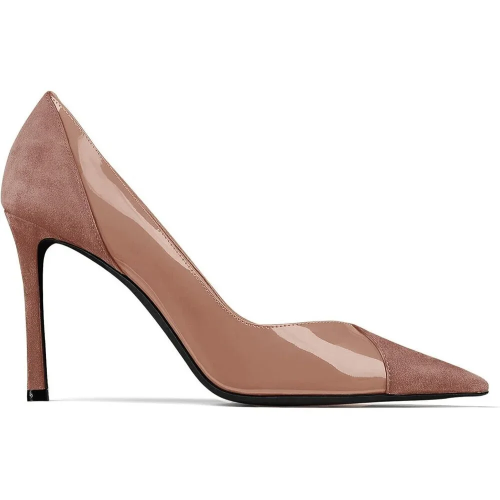 Women's Coffee Pointed Toe High Heels Pumps Patent Suede Stiletto Heel Slip on